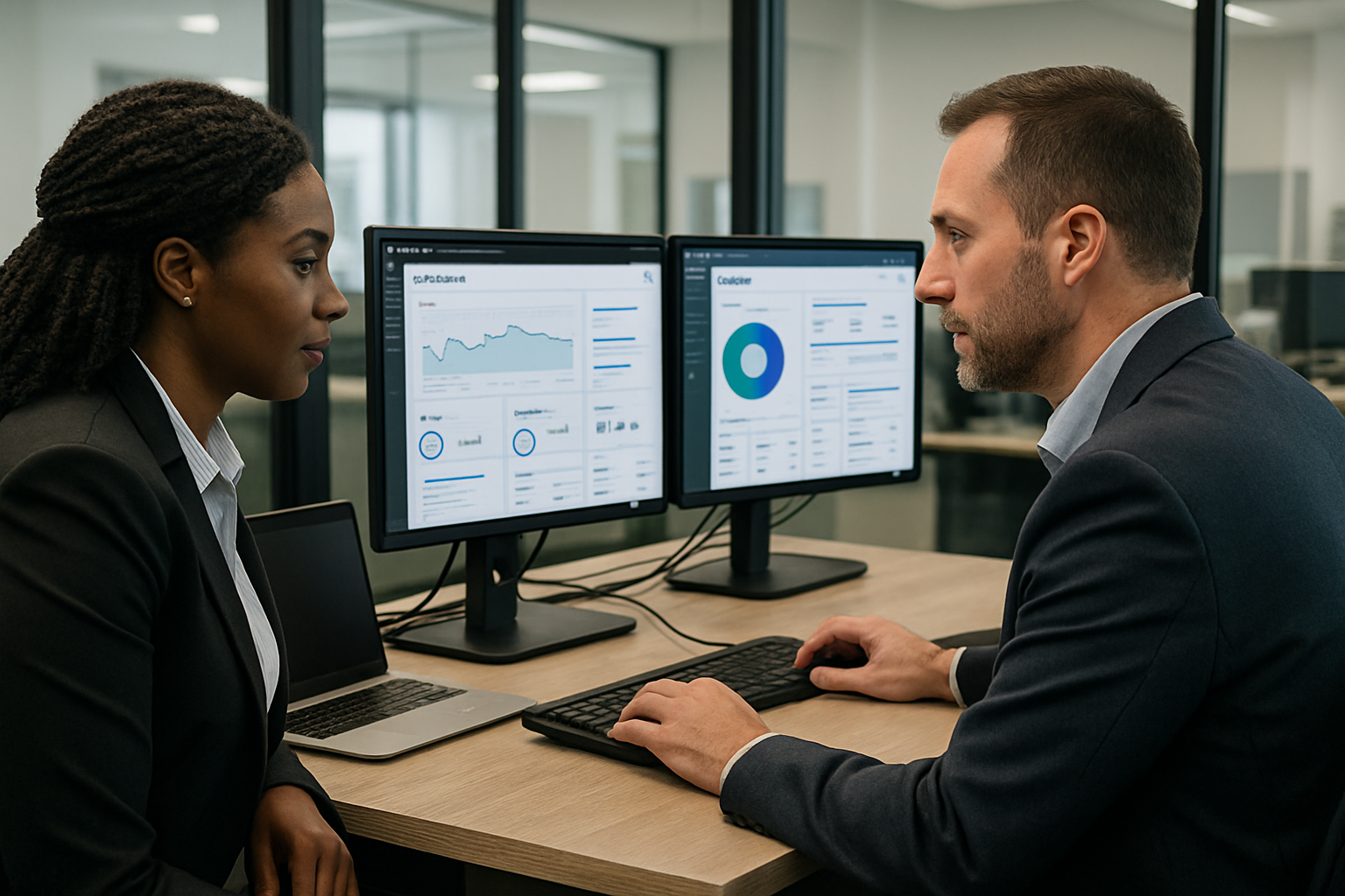 Professional telecom support team reviewing network dashboards in a modern business office