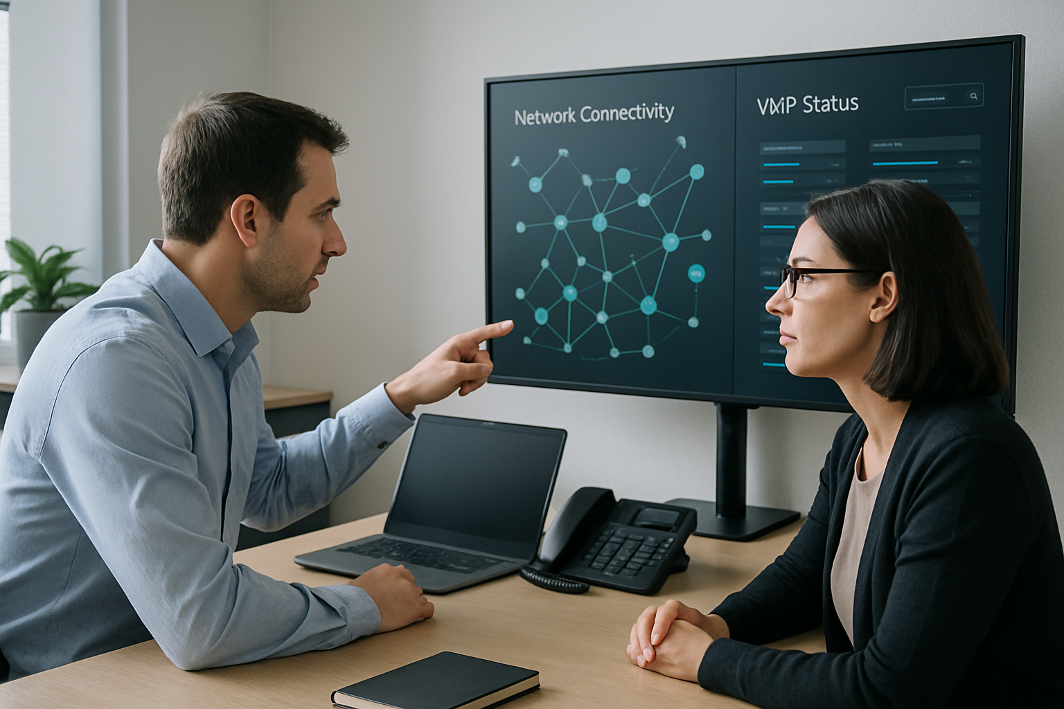 IT operations team reviewing a network connectivity dashboard in a modern office