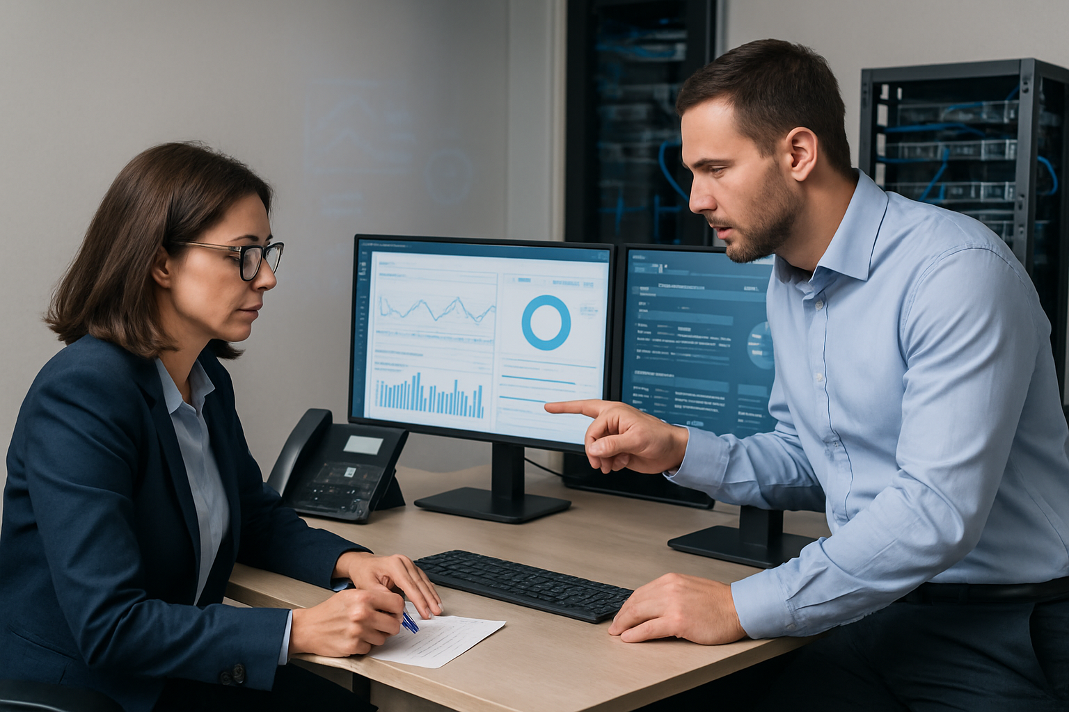 Professional IT and operations team reviewing managed connectivity dashboards in a modern office with networking equipment and monitors