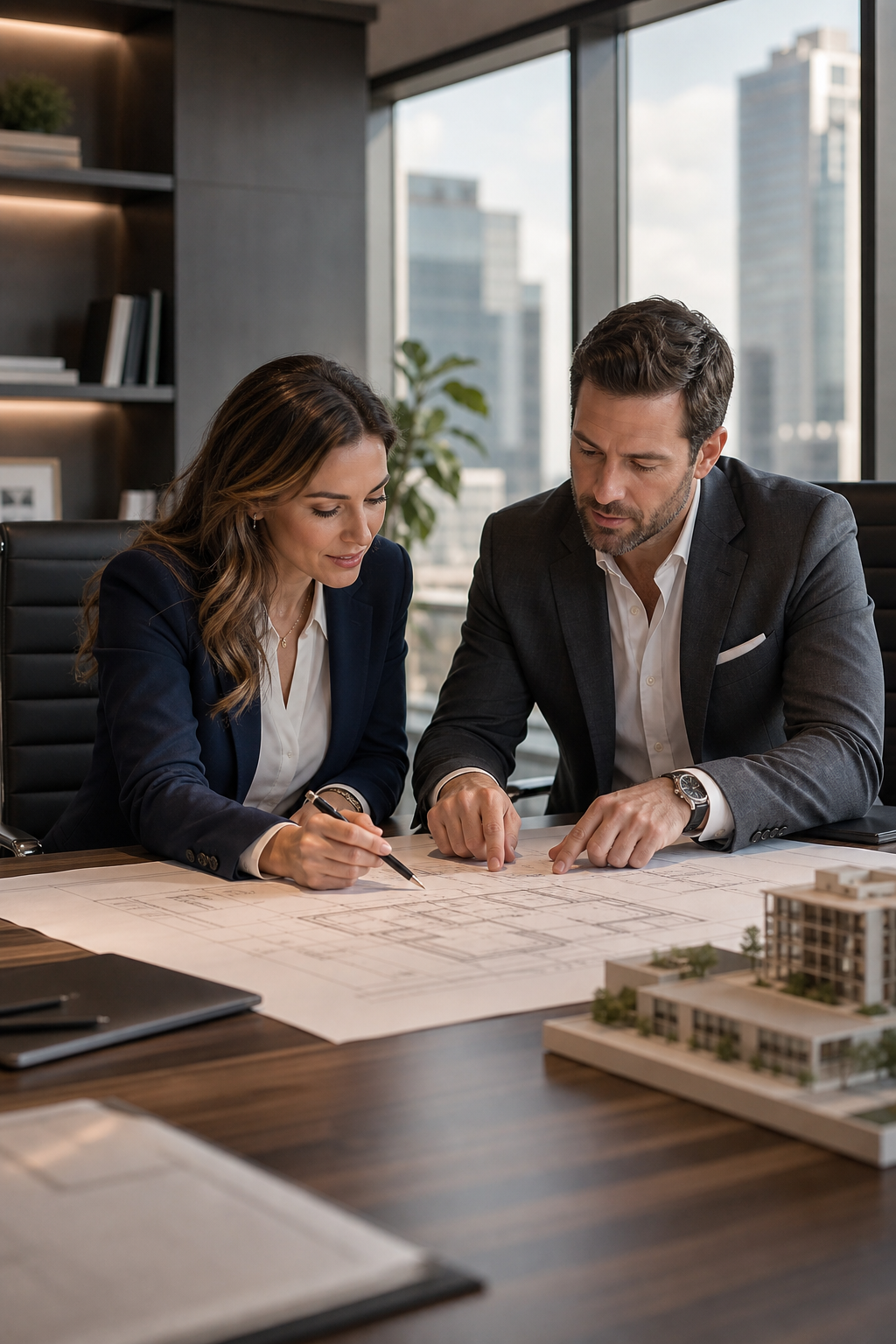 Professional portrait-style moment of two real estate founders reviewing property plans together in a modern office with warm natural light