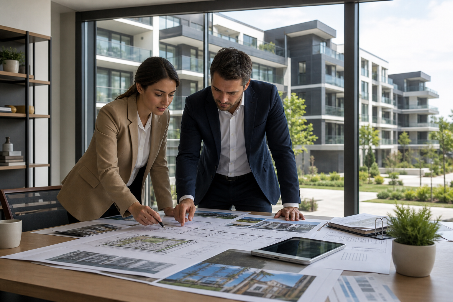 Professional real estate development planning table with architectural drawings, financial reports, and a modern residential property in the background