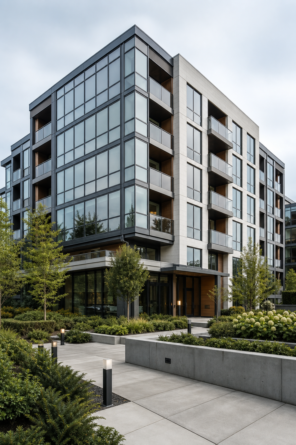 Modern multi-story real estate development with clean glass facade and structured urban landscaping