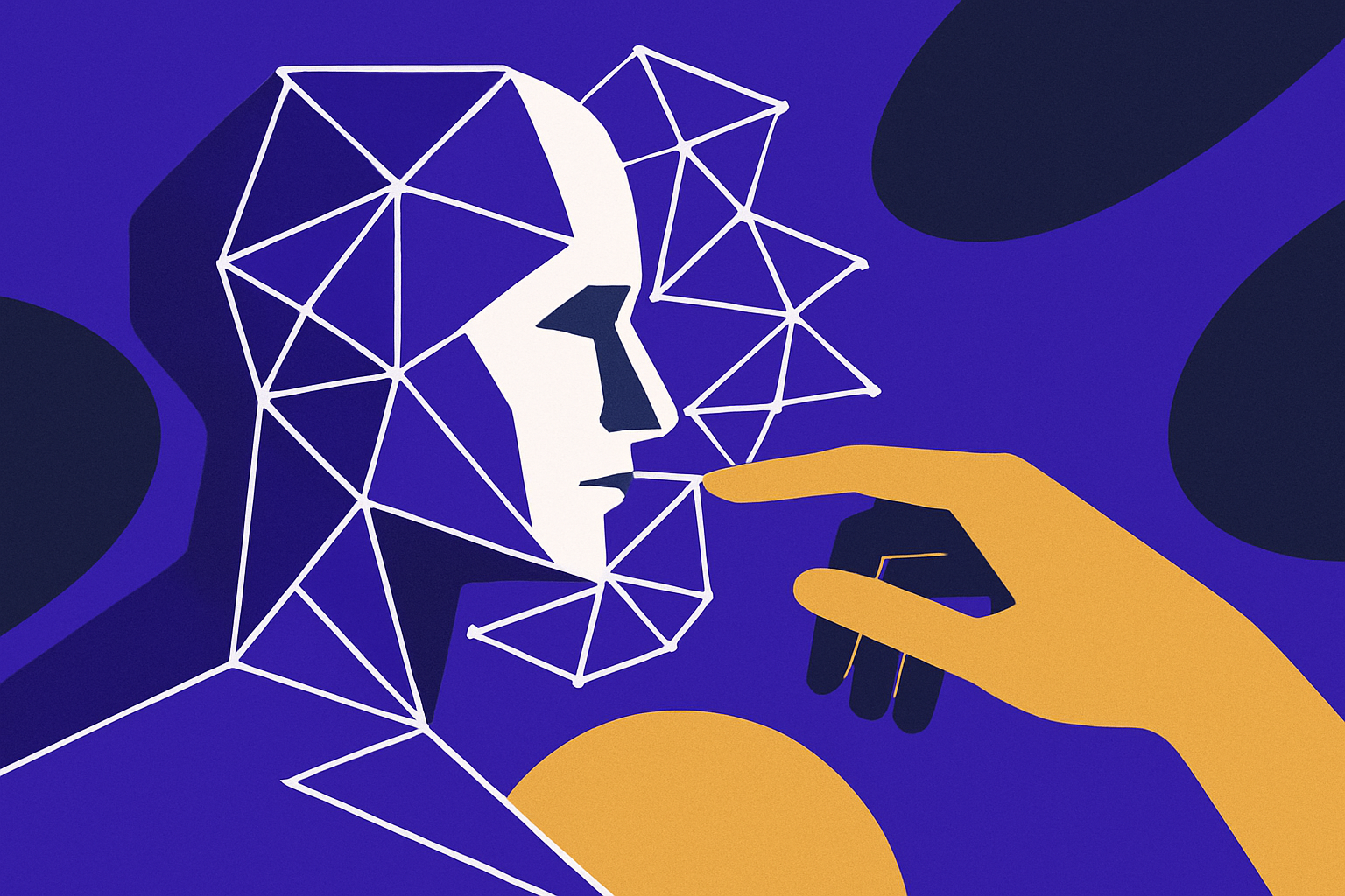 Abstract visual of AI and human collaboration, vibrant royal purple and matte gold with white and charcoal accents, modern and clean