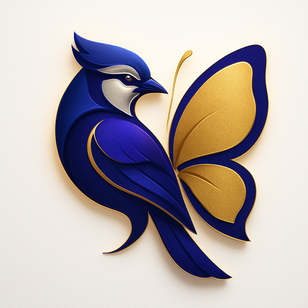 Blue Jay and gold butterfly symbol, visually prominent, royal purple, deep blue and matte gold, symbolizing intelligence, clarity, leadership, transformation, creativity, empathy