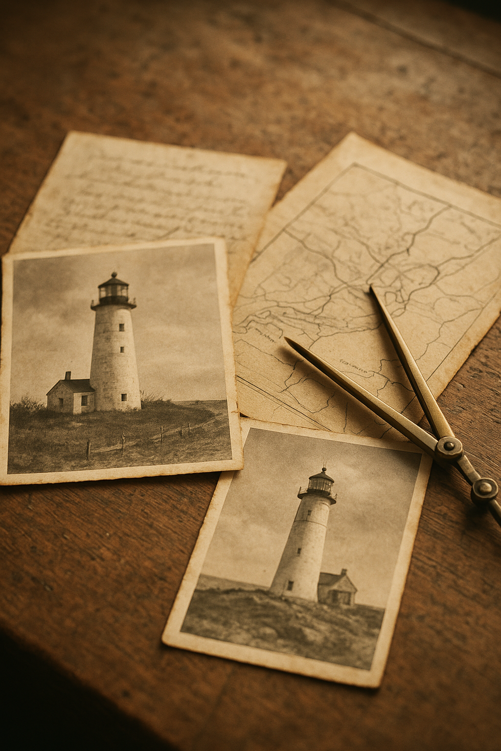 Close archival detail of worn lighthouse photo prints and handwritten map notes on a wooden table