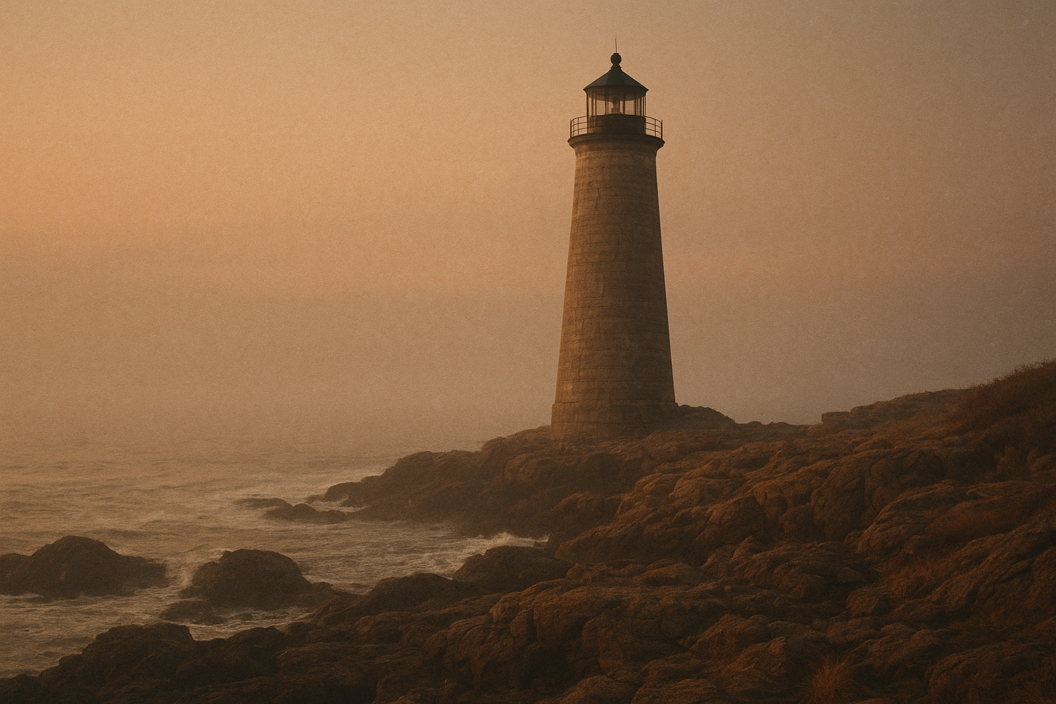 Northern-coast lighthouse at dusk viewed from a windswept shoreline, warm archival film mood with sea haze