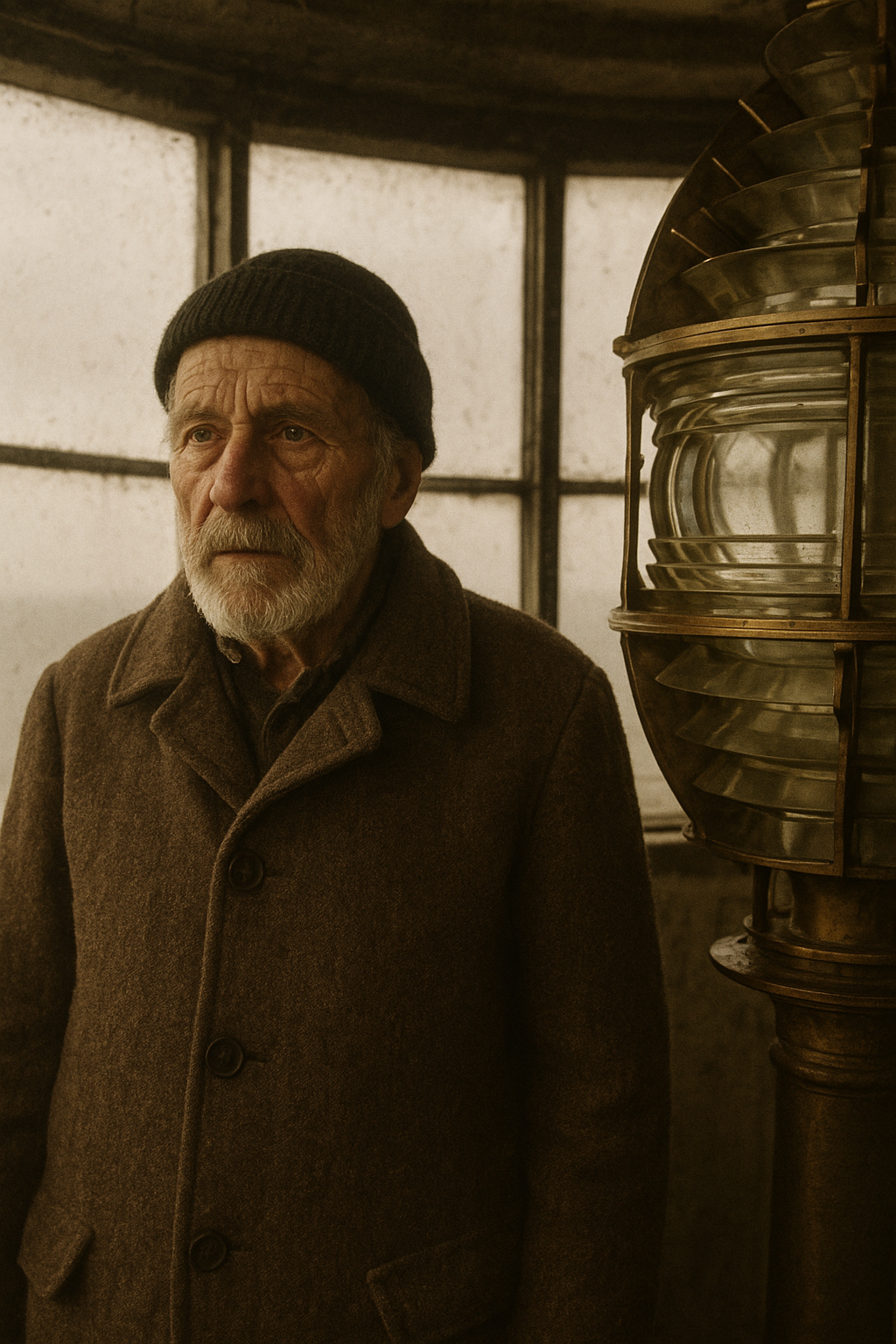 Documentary-style portrait of a weathered lighthouse keeper standing in a lantern room with brass fittings and salt-stained windows