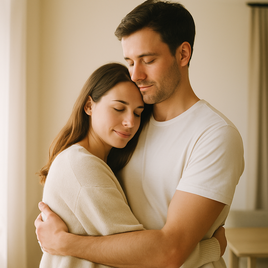 Couple embracing in soft morning light