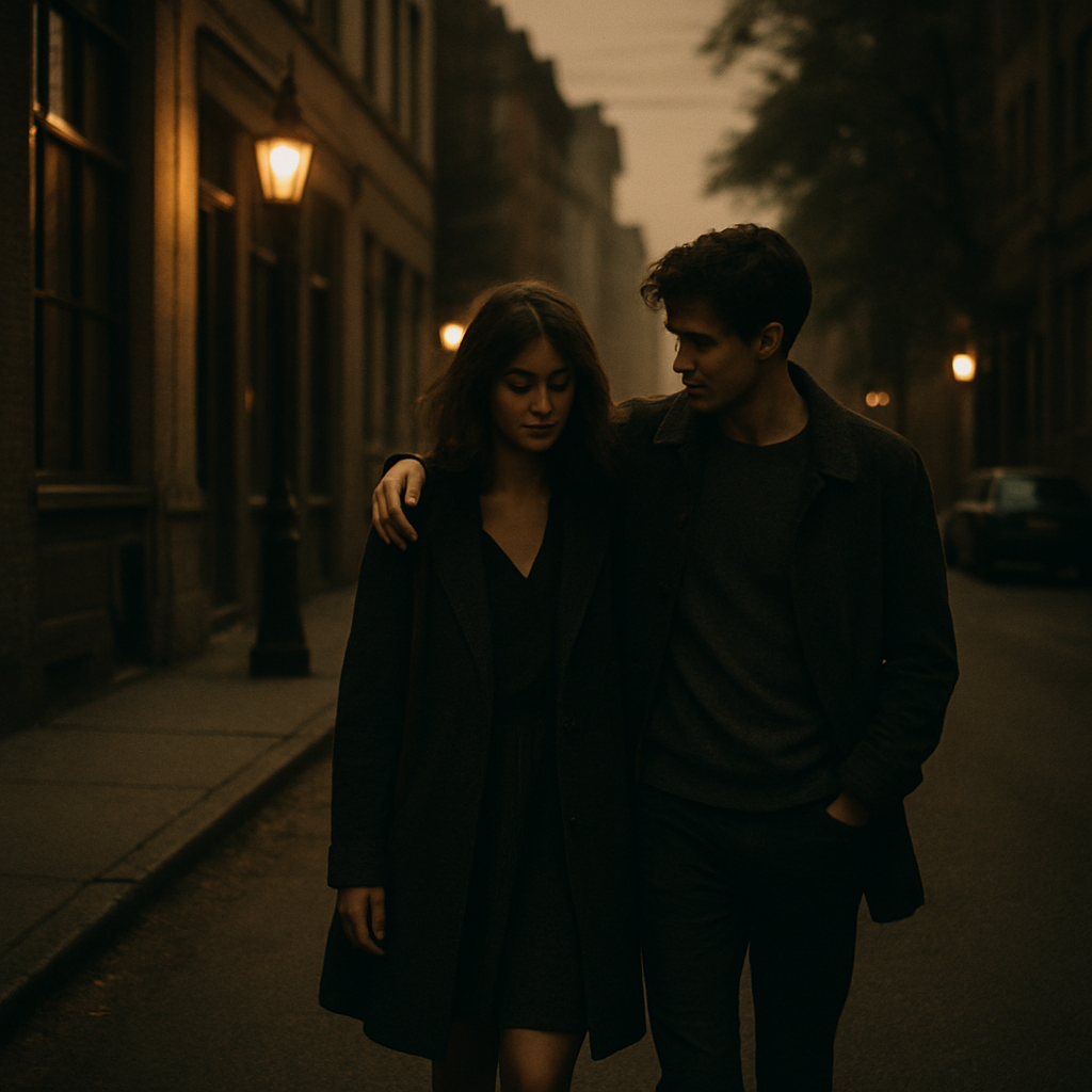Couple walking along a quiet city street at dusk