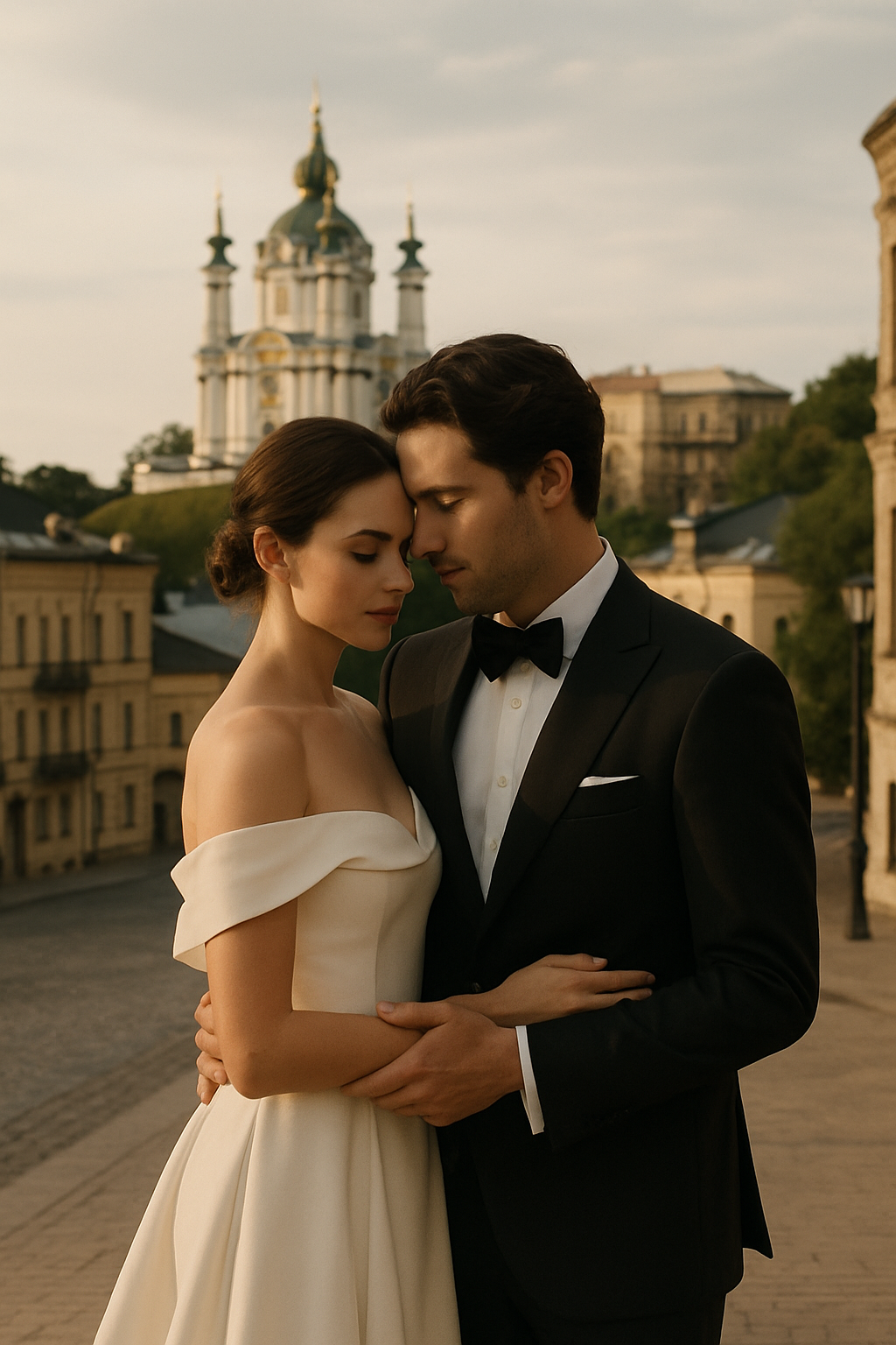 Elegant wedding couple embraced in a sunlit Kyiv cityscape