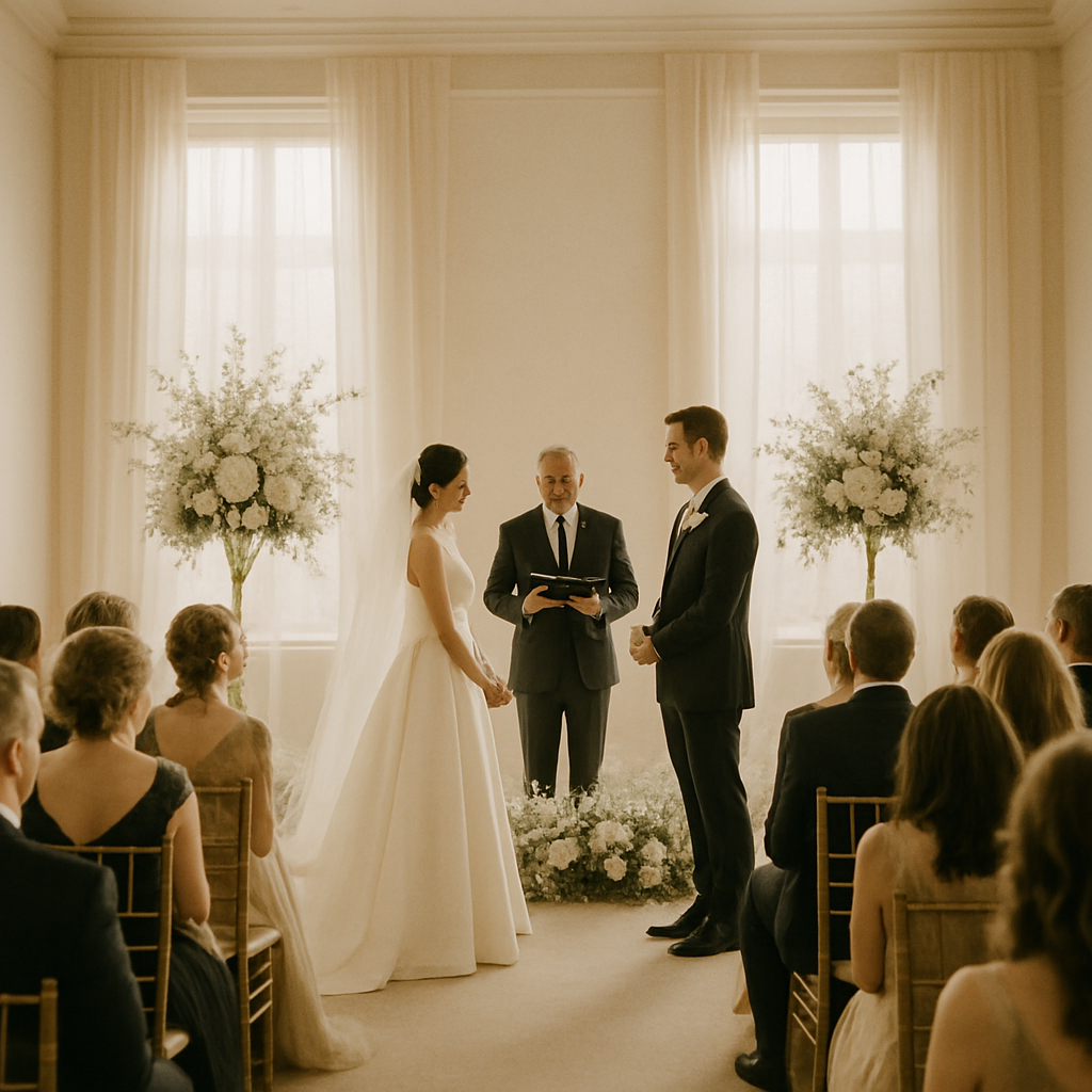 Wide ceremony scene with guests and soft floral details
