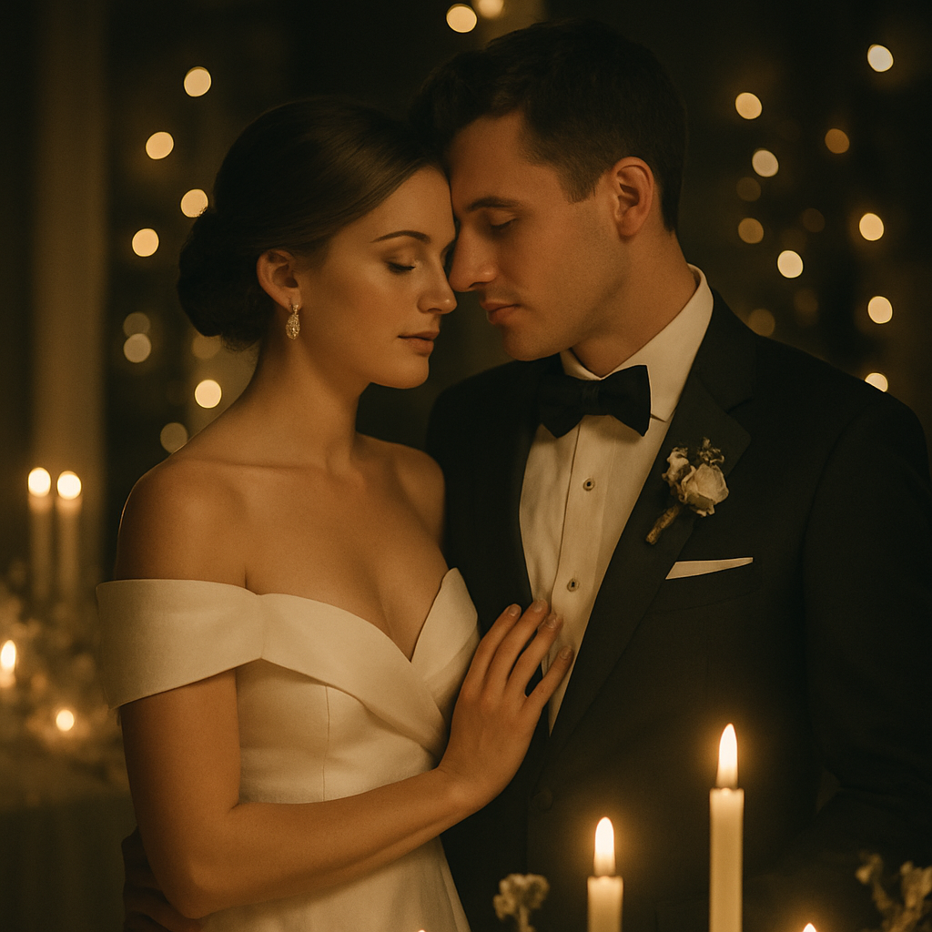 Bride and groom in a candlelit reception portrait