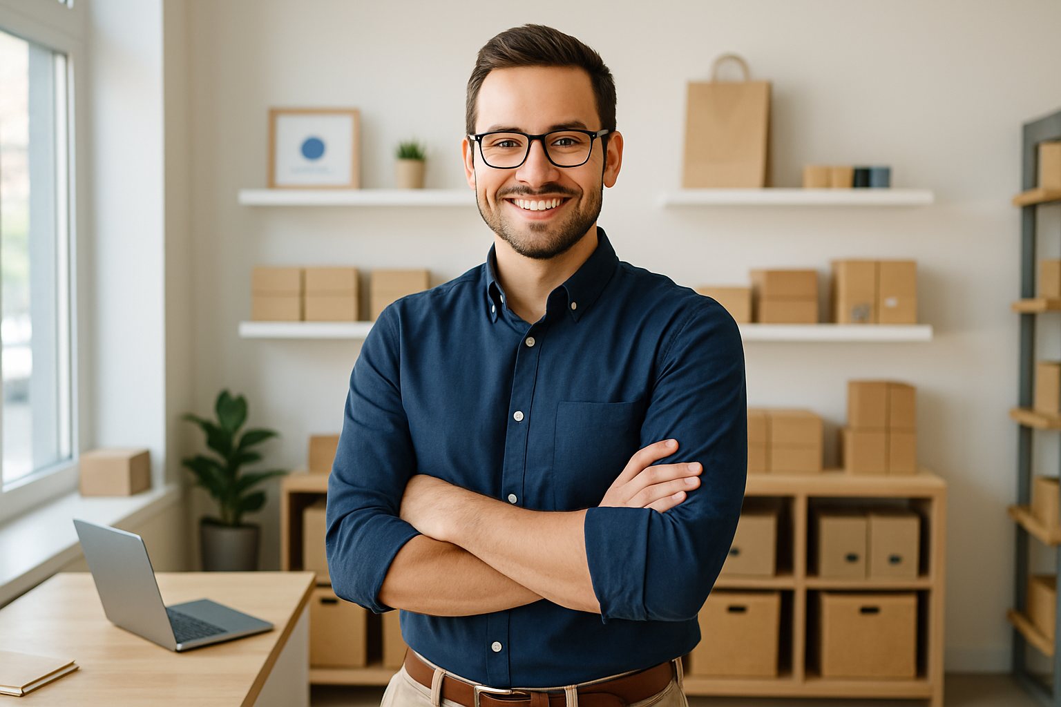 Confident small business owner standing in a bright storefront workspace with modern signage and promotional materials