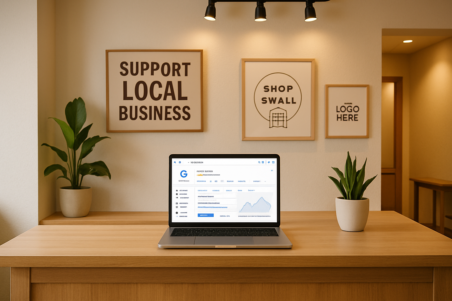 Modern storefront scene showing a welcoming small business with a tidy counter, local signage, and a laptop displaying a business profile dashboard