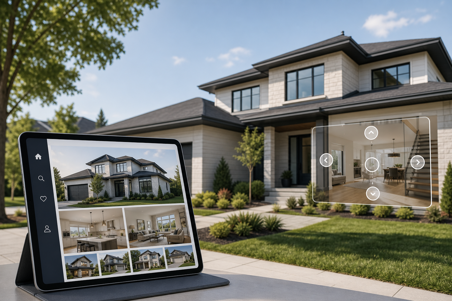 Modern suburban home exterior with a digital tablet showing property listings and a virtual tour overlay
