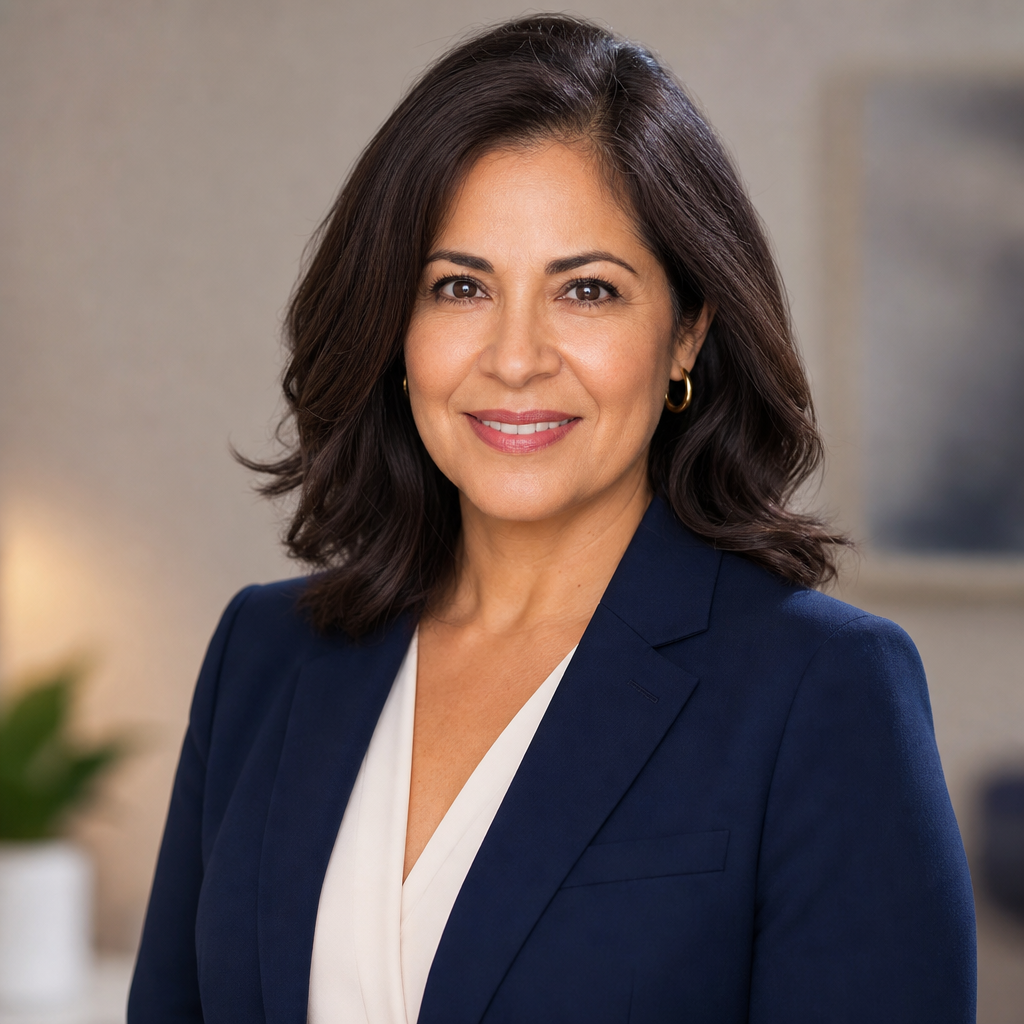Portrait of a mid-40s Latina real estate broker with shoulder-length wavy dark hair and a navy blazer