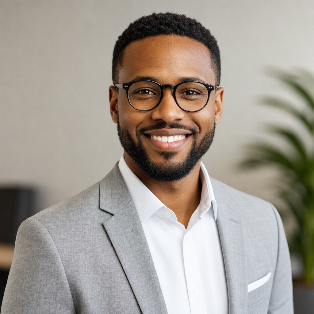 Portrait of a Black male realtor in his 30s wearing glasses, a light gray suit, and a warm smile