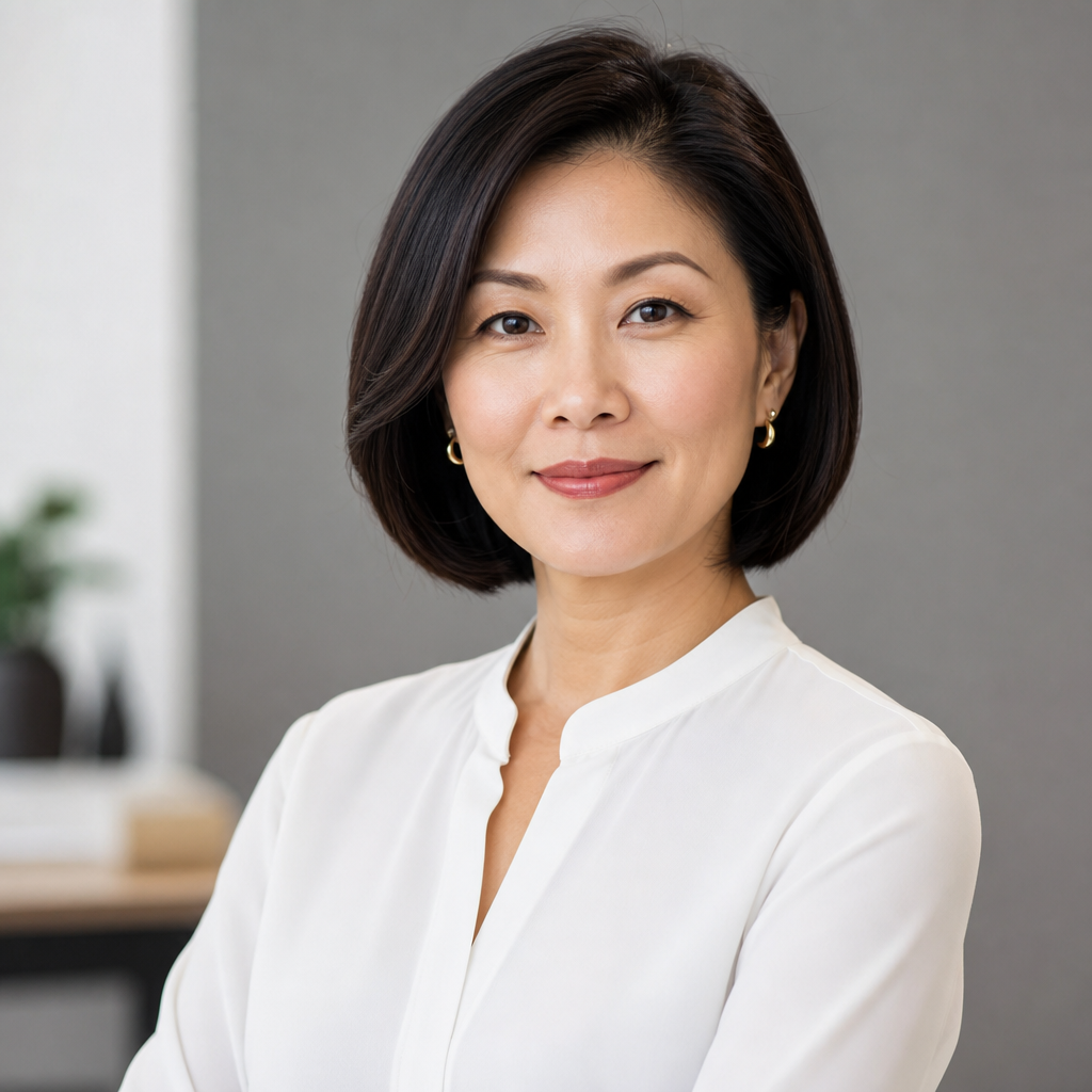 Portrait of an Asian woman in her 40s with a sleek bob haircut, wearing a white blouse and gold earrings