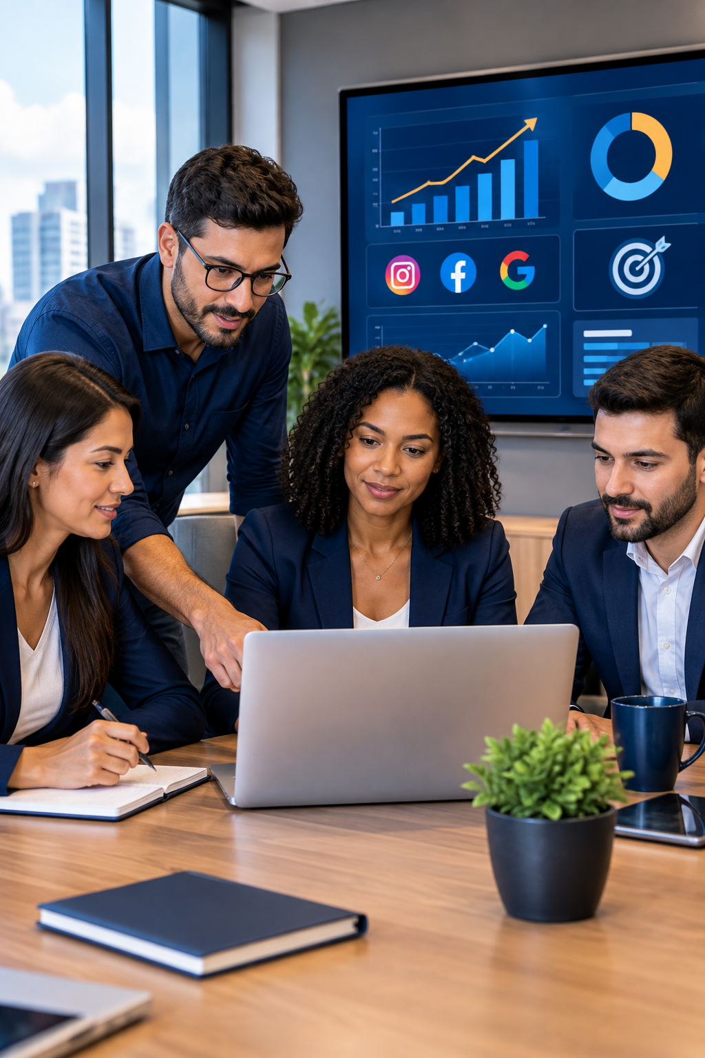 Equipe de profissionais em escritório corporativo moderno analisando painel de marketing digital e dados de comunicação comercial em reunião estratégica