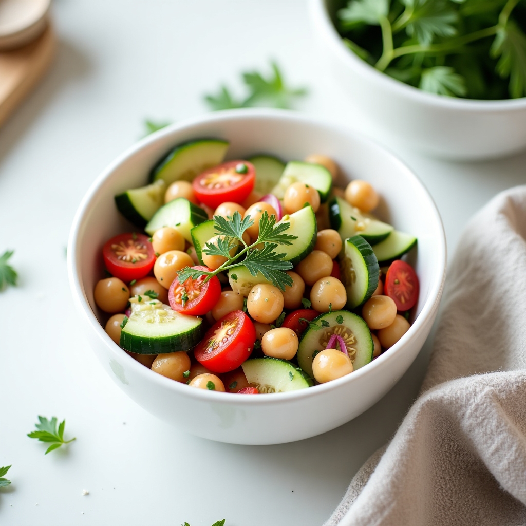 Chickpea salad with cucumbers, tomatoes, and herbs
