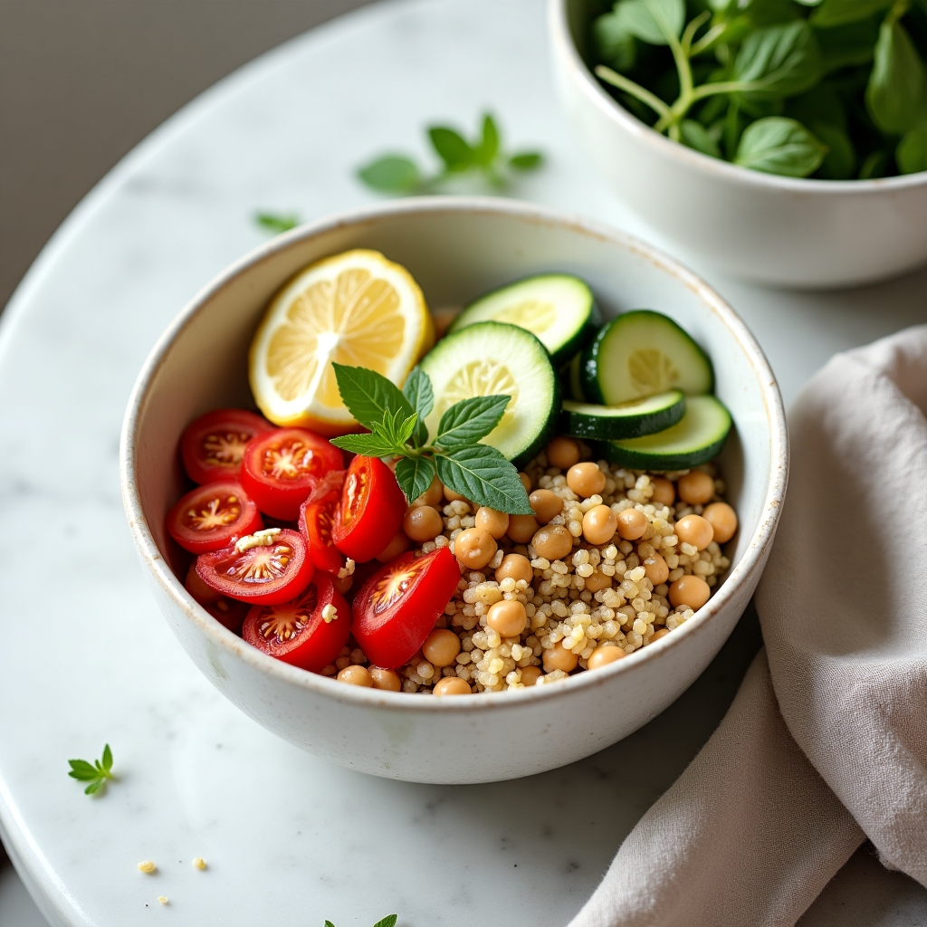 Colorful grain bowl with roasted vegetables, herbs, and lemon