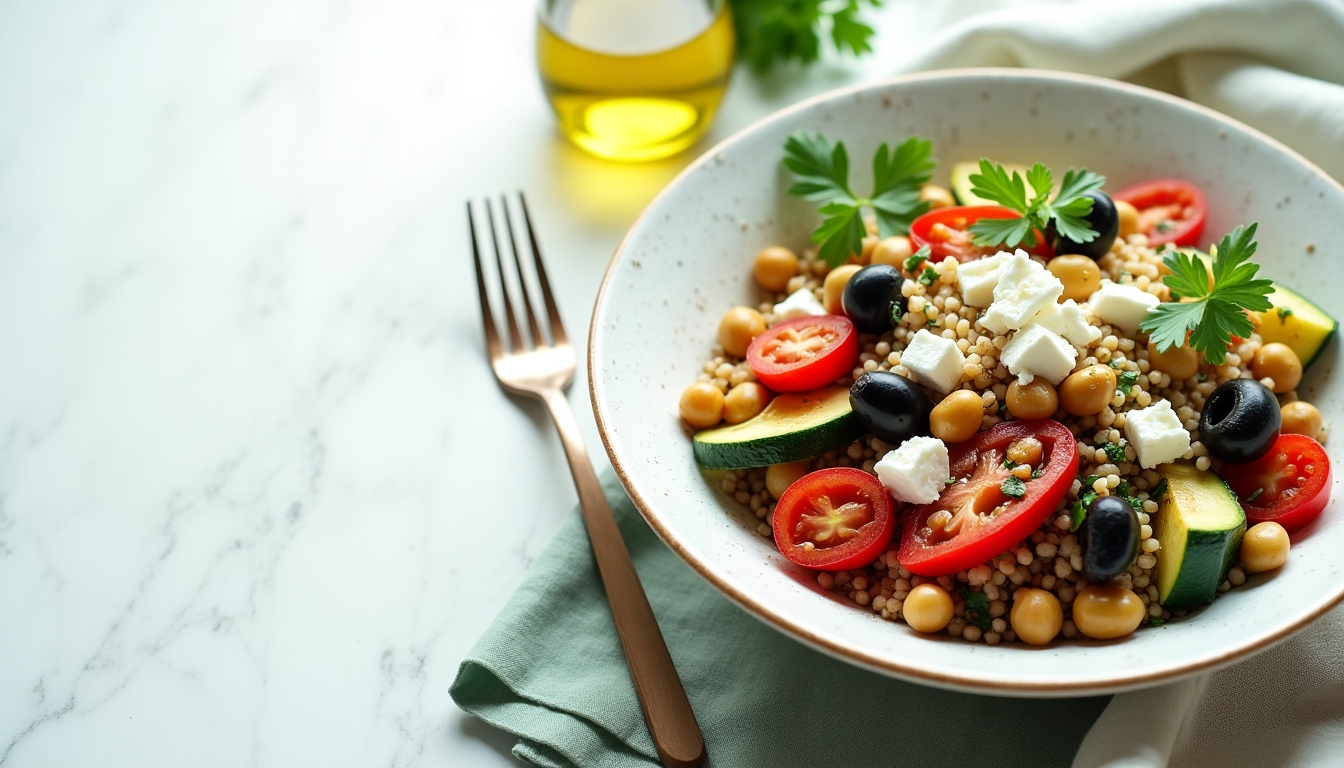 Bright Mediterranean grain bowl with roasted vegetables, olives, herbs, and olive oil on a light linen surface