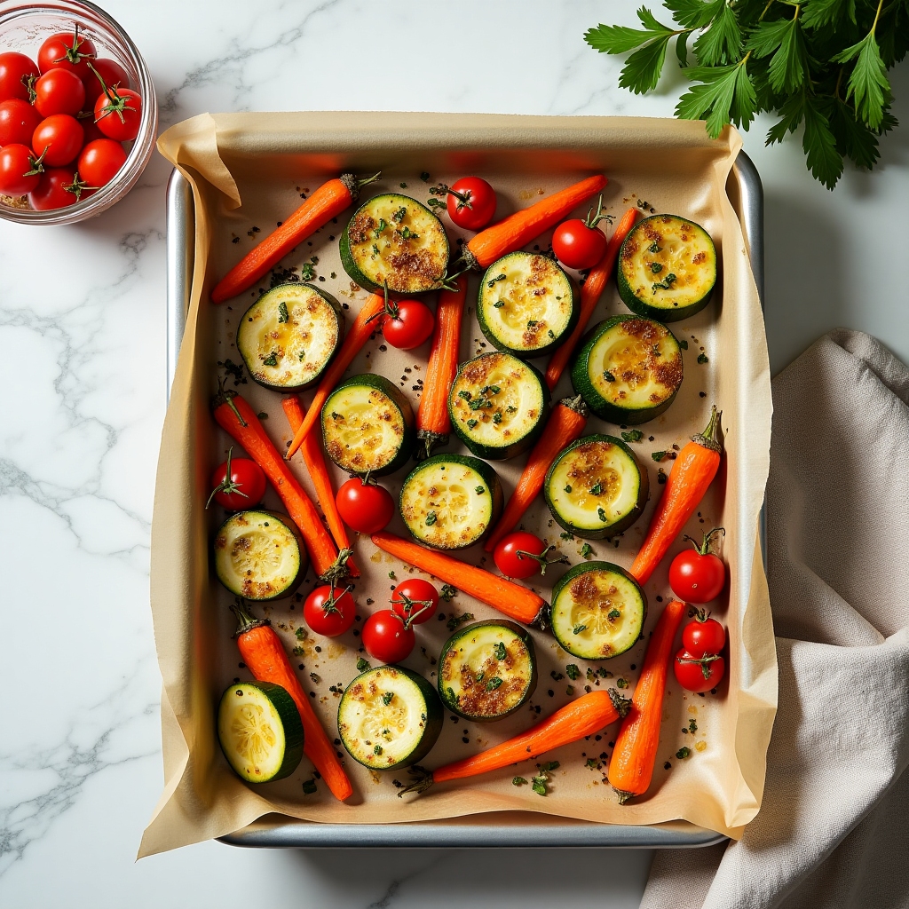 Tray of roasted vegetables with olive oil and herbs