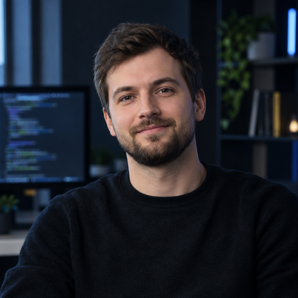 Andrii Lysenko, product-focused UI engineer with a relaxed smile in a softly lit modern office