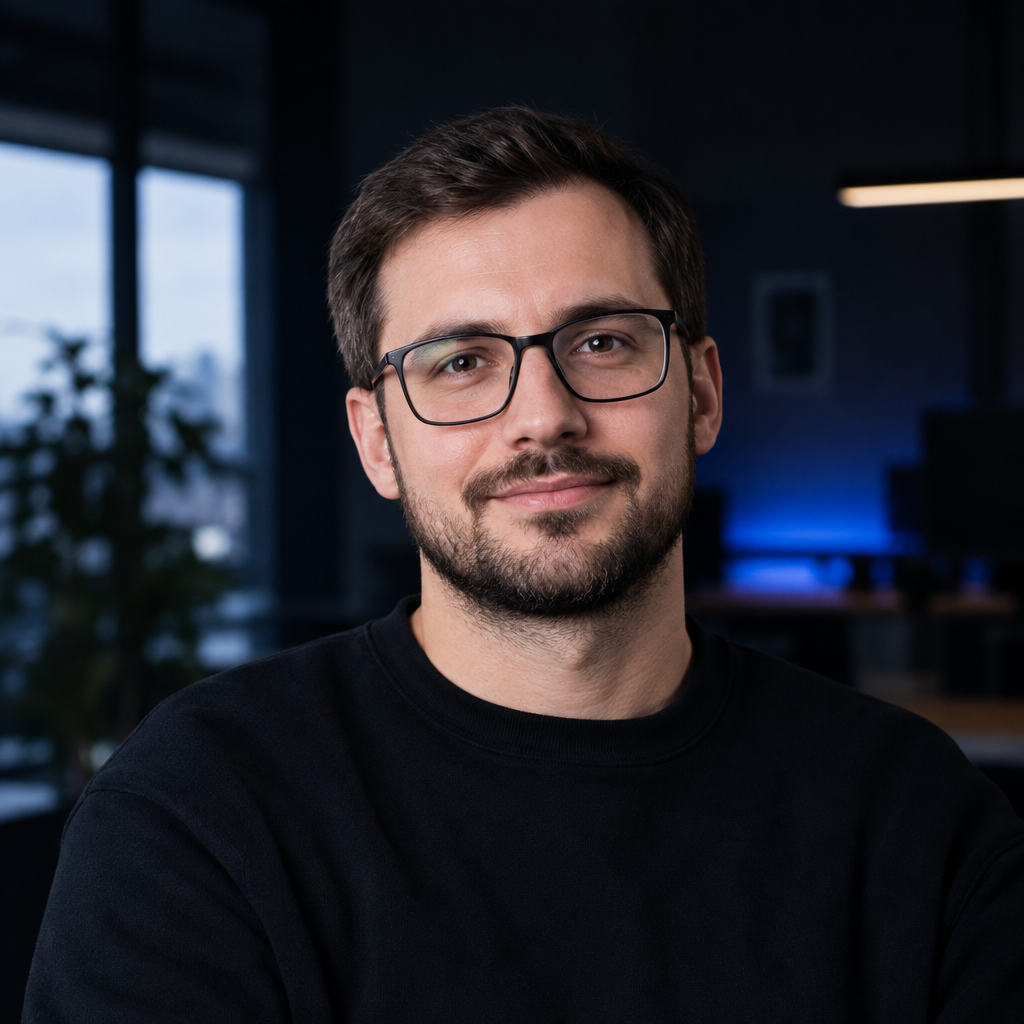 Danylo Bondar, accessibility specialist wearing glasses in a bright modern office