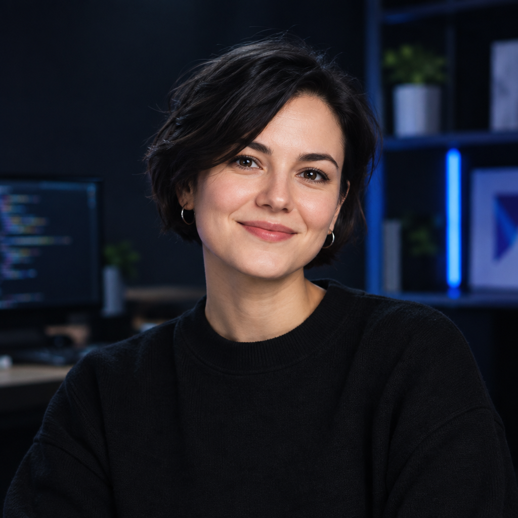 Iryna Melnyk, product-minded design engineer with short dark hair and warm expression