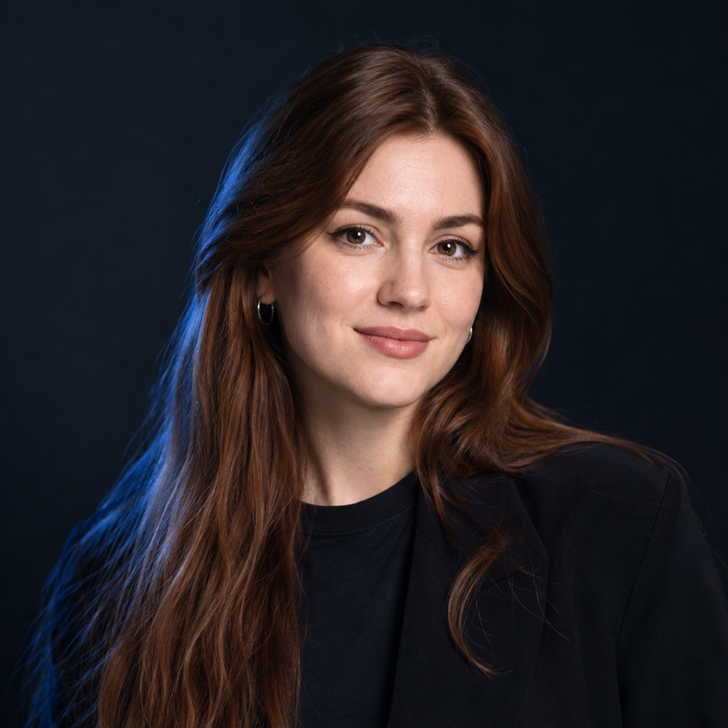 Kateryna Romaniuk, frontend performance engineer with long auburn hair against a muted studio backdrop