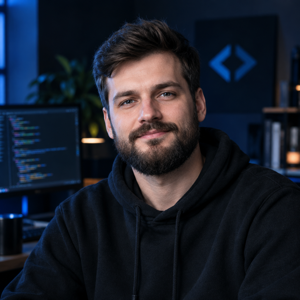 Marko Shevchenko, bearded JavaScript engineer in a dark creative workspace