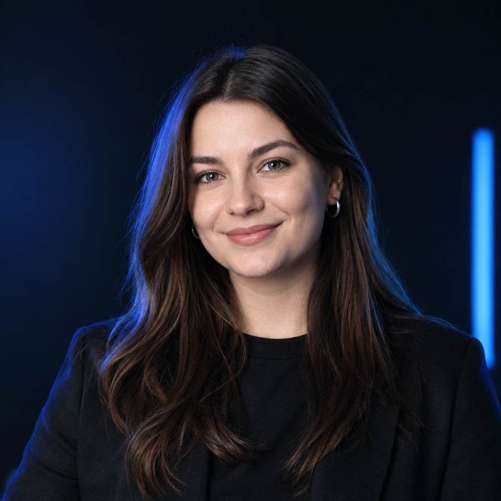 Olena Koval, Ukrainian frontend engineer with a confident smile in a softly lit studio