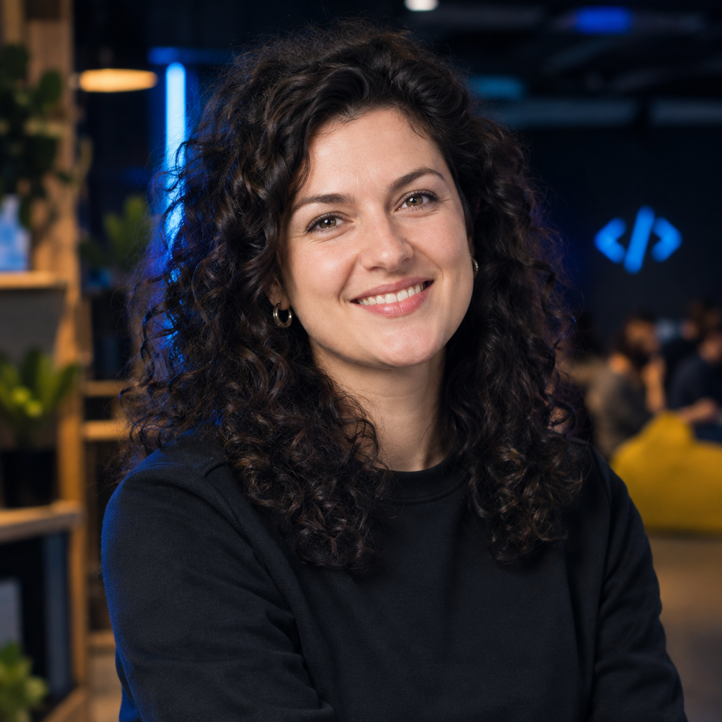Svitlana Kushnir, expressive JavaScript educator with curly dark hair in a warm community space