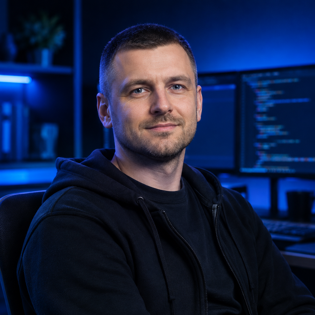 Taras Hrytsenko, confident frontend architect with close-cropped hair in a deep blue-lit workspace
