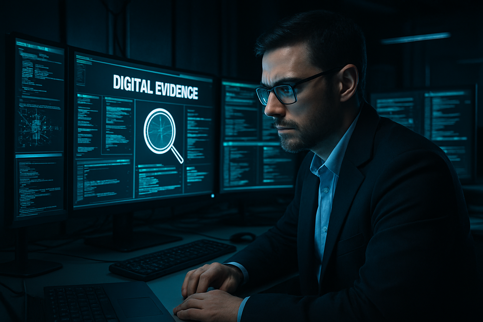 Focused forensic analyst reviewing multiple digital evidence screens in a dim, modern cybersecurity lab