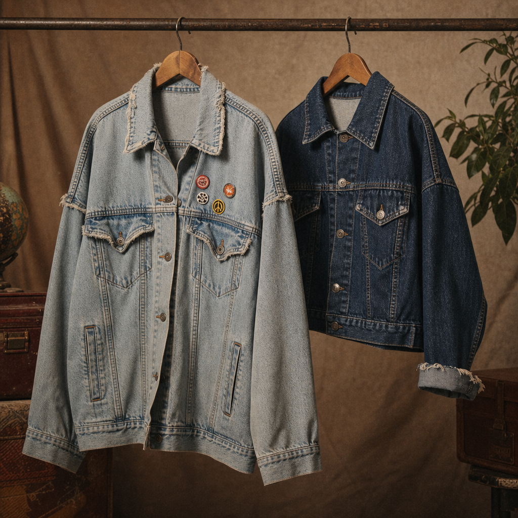 Two vintage denim jackets: one oversized light-wash with frayed seams and metal pins, the other dark indigo with a cropped boxy cut.