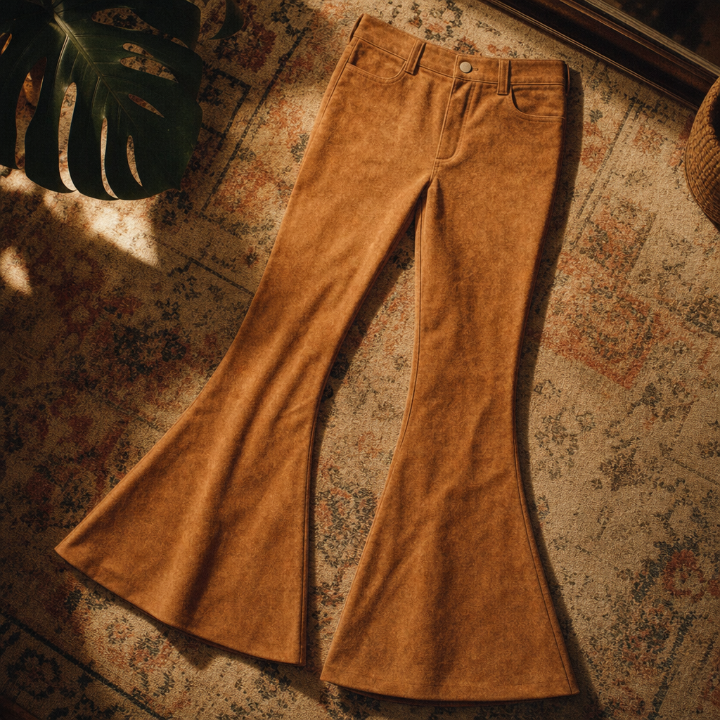 High-waisted flared trousers in camel suede with a wide hem and long 70s silhouette.