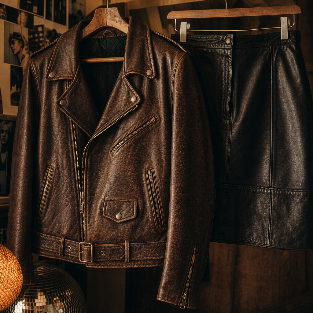 Vintage leather pieces including a deep brown moto jacket and a black leather mini skirt styled on a hanger.