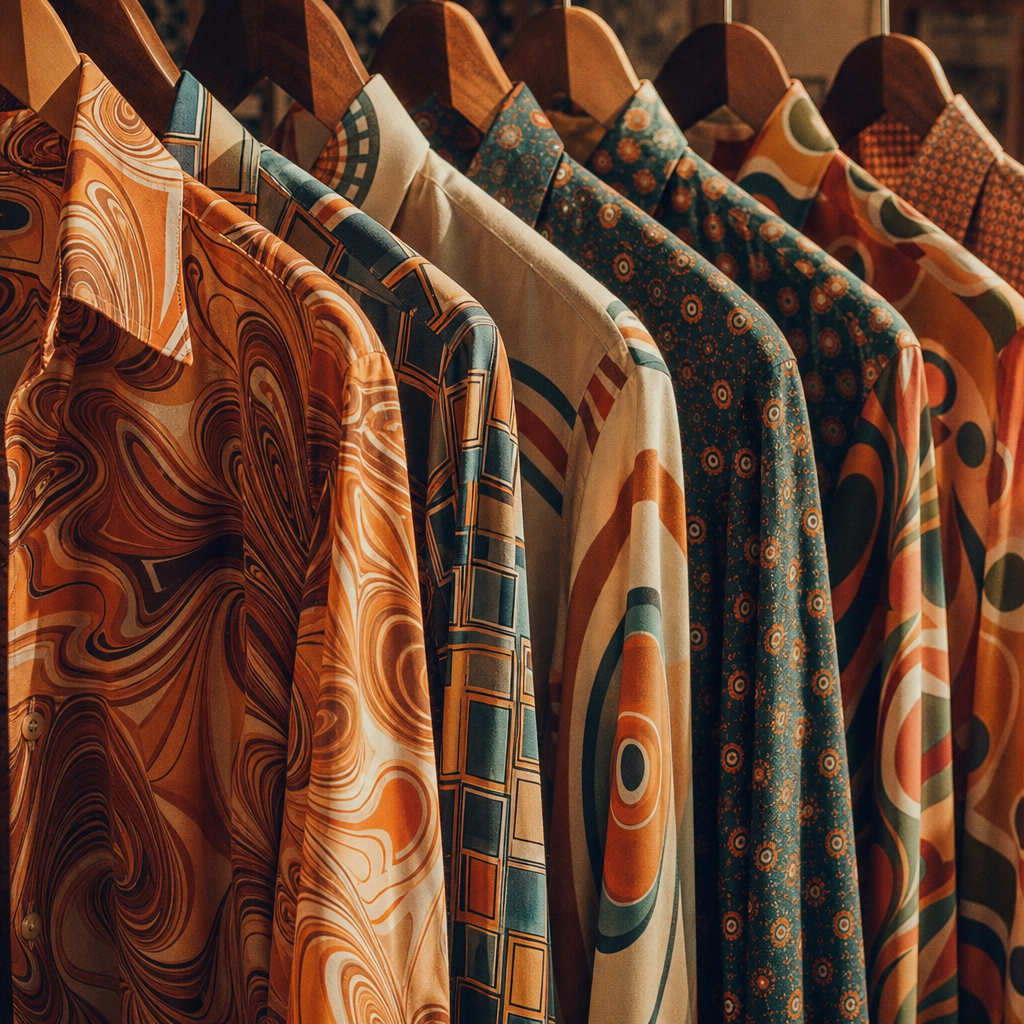 A row of retro printed shirts featuring bold geometric patterns in warm oranges, teal, and cream on silky fabric.