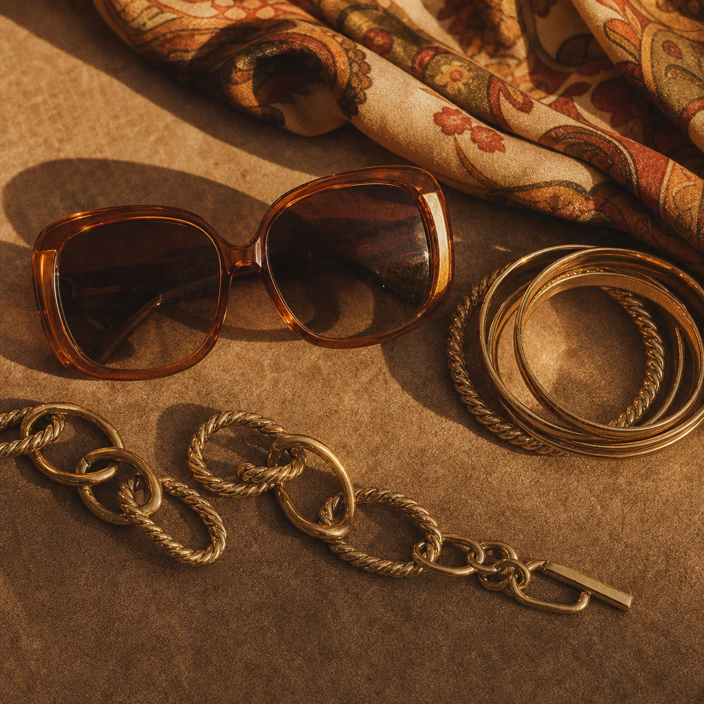 A curated flat lay of retro accessories: oversized amber sunglasses, a gold chain belt, and stacked bangles.