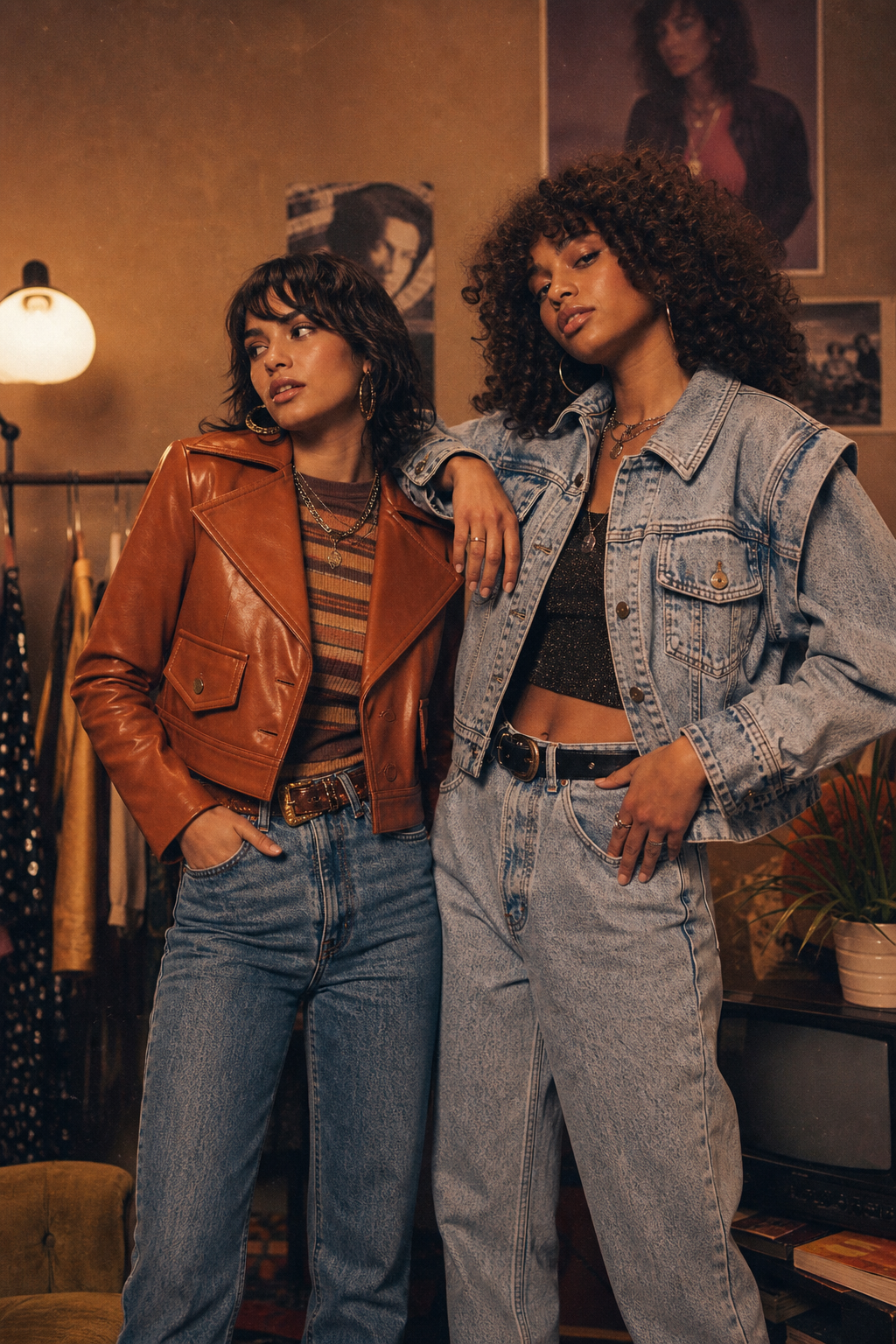 Editorial-style vintage fashion scene with two friends styling 70s-inspired jackets and 80s denim in a warm, grainy studio