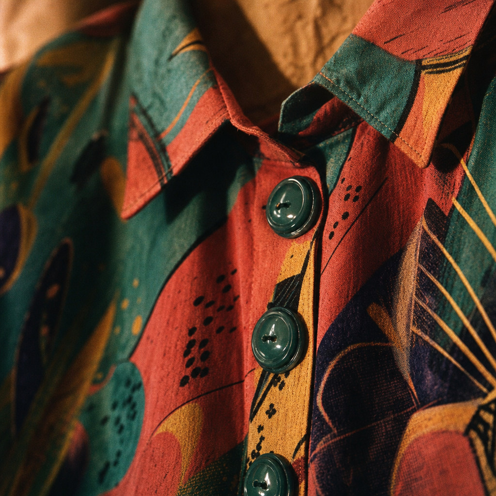Close-up of a colorful 80s patterned blouse with bold buttons and soft grainy texture