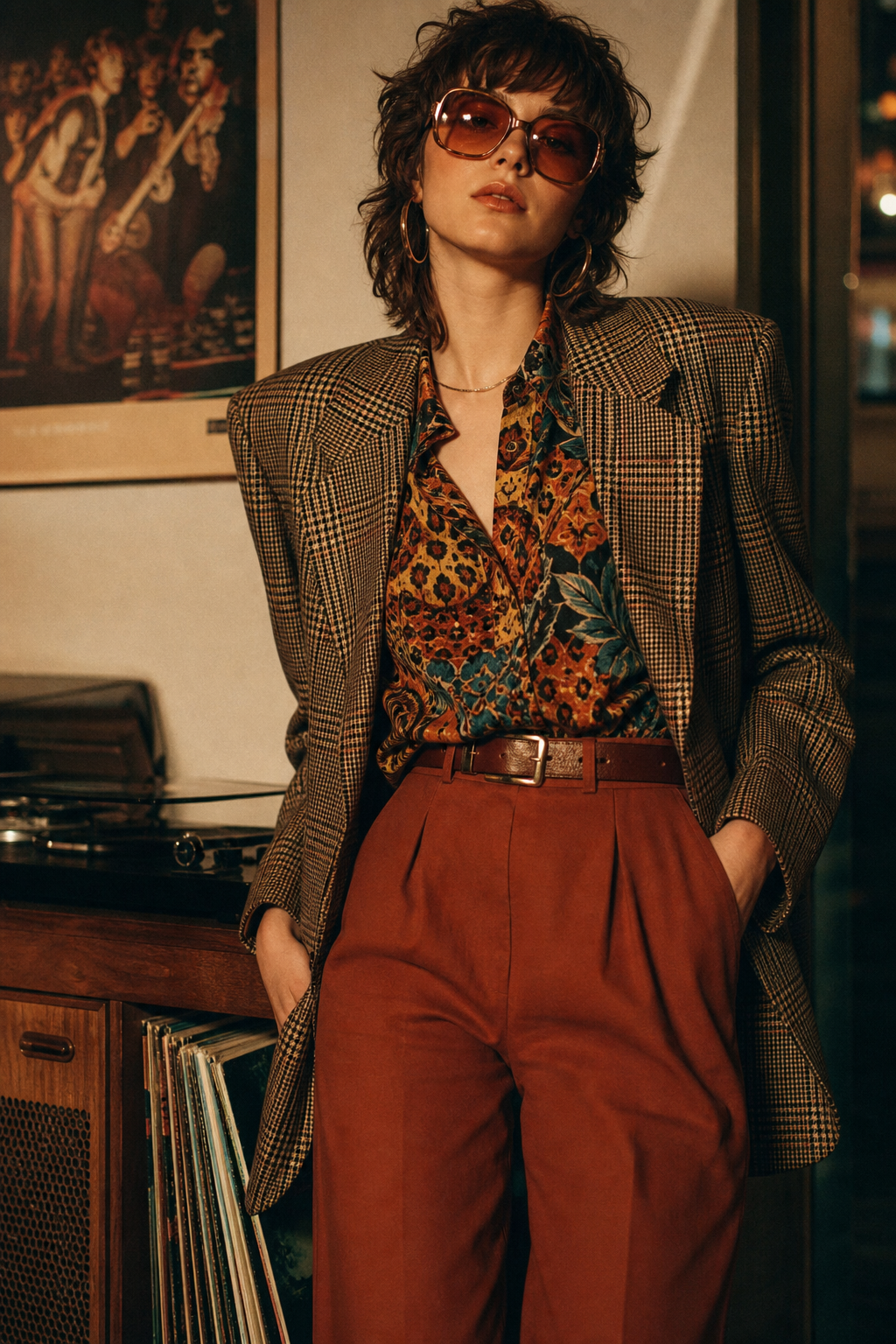 Moody editorial photo of a vintage outfit with 70s and 80s textures