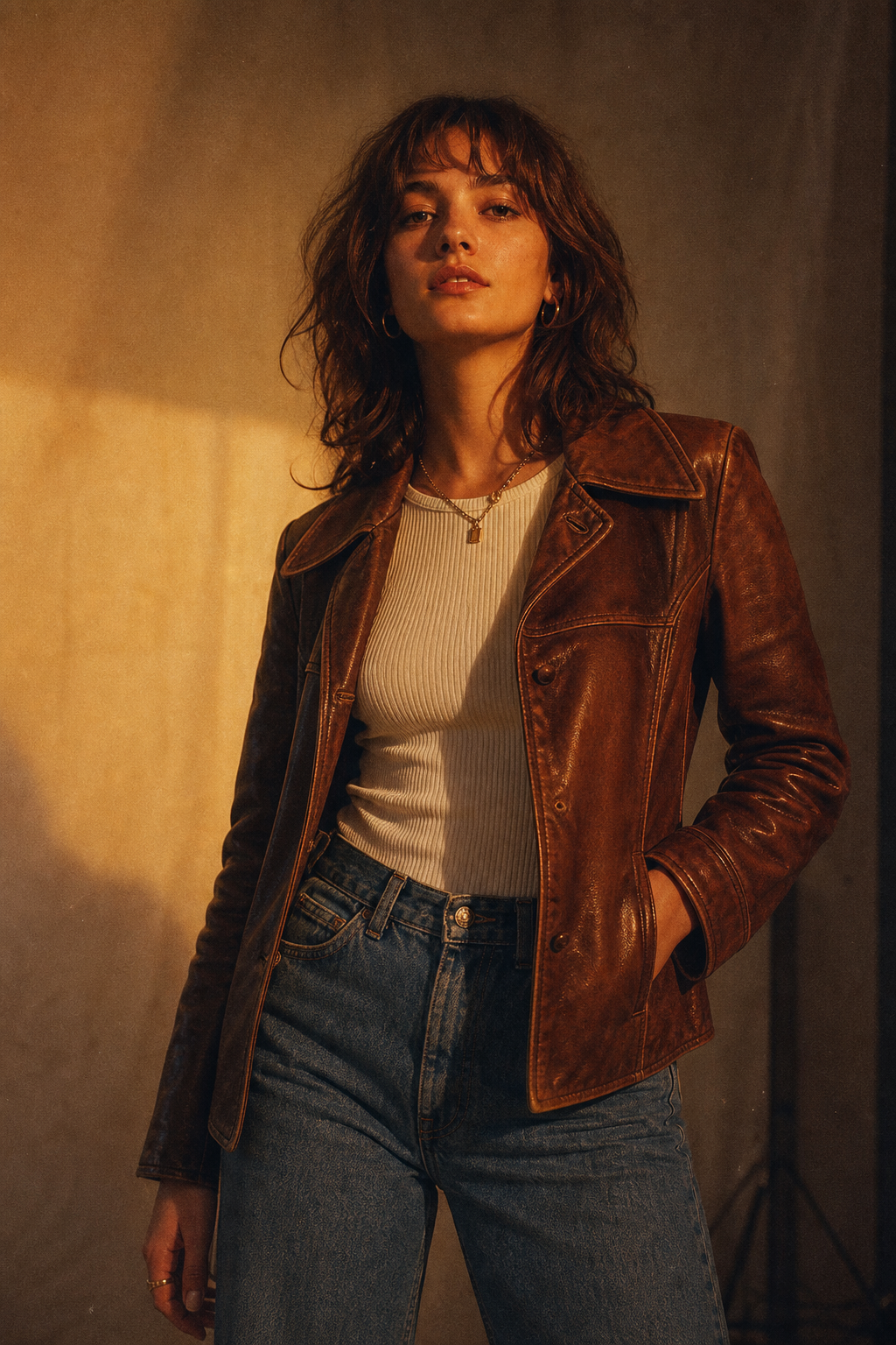 Moody editorial portrait of a vintage model wearing a 70s leather jacket and high-waisted jeans under warm film lighting