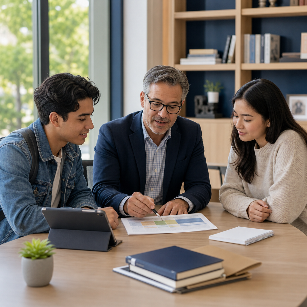 Academic advisor guiding two students through a study plan at a clean campus desk with notebooks and a tablet