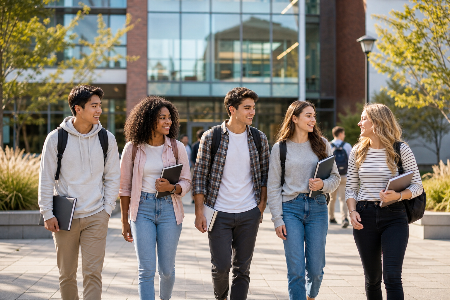 Welcoming and diverse group of students walking across a modern campus courtyard, carrying books and backpacks, with warm daylight and an academic building in the background