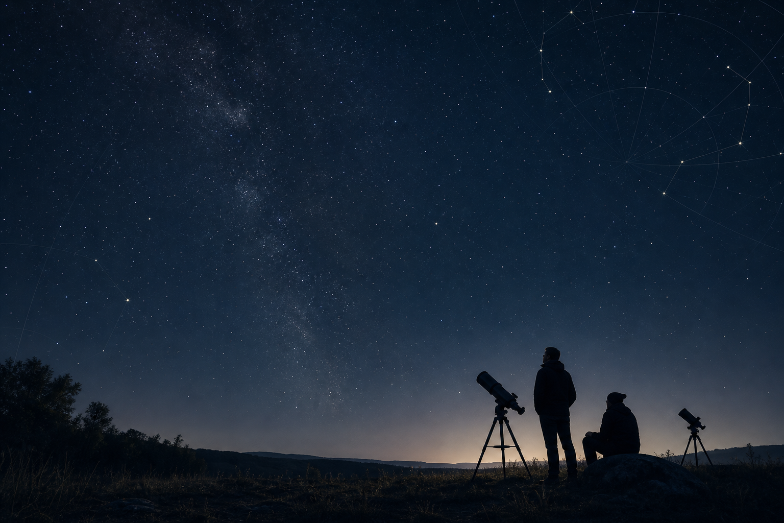 Quiet night observation scene with two people in silhouette beside telescope shapes under a clear star-filled sky