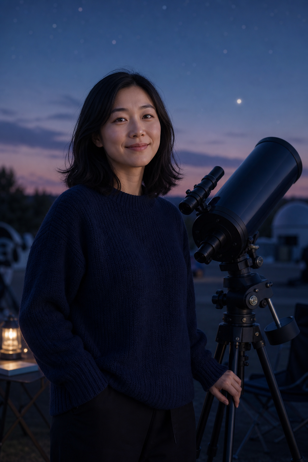 Lina Park smiling in a navy sweater beside a telescope under a dusk sky