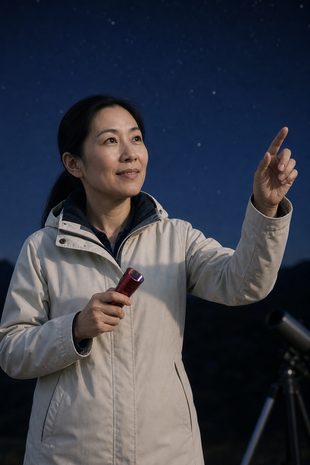 Mira Chen in a cream field coat pointing toward constellations with a red flashlight